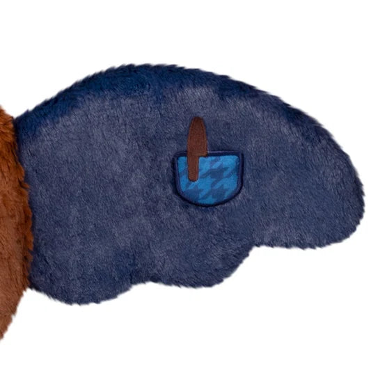 Close-up of the Mothman Squishable's blue wing showing the academic-inspired pocket and tiny pencil detail.