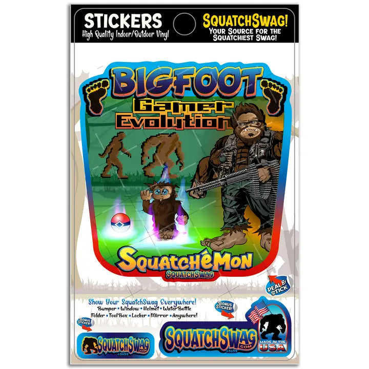 Bigfoot Gamer Evolution - Bigfoot, Pokimon Sasquatch Sticker - Standard 'Best Seller' (Approx 4x6in)