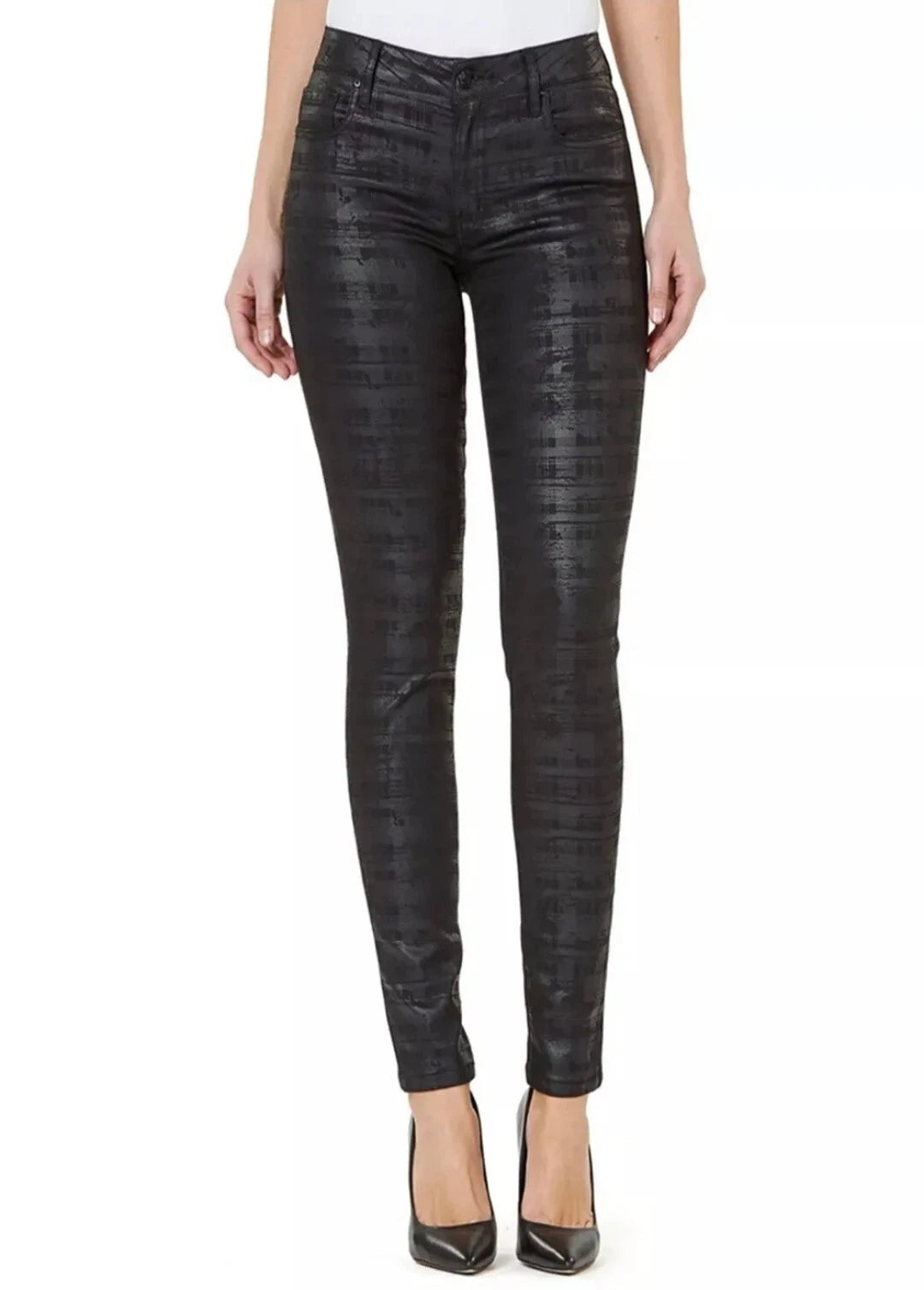 NUMERO Women's Vienna Mid-Rise Coated Check-Print Skinny Jeans Size 27