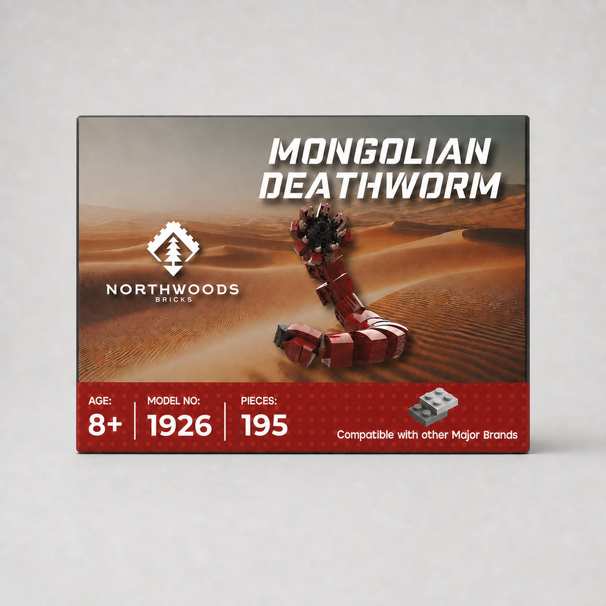 Northwoods Bricks Mongolian Deathworm building set with 195 pieces, recommended for ages 8+, featuring a Gobi Desert box design and compatibility with other major brick brands.