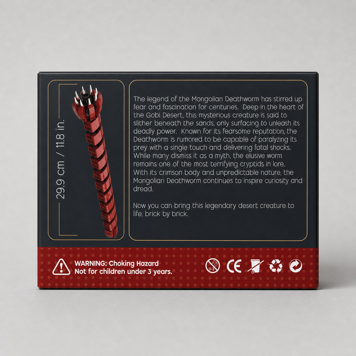 Back of the Northwoods Bricks Mongolian Deathworm box showing the completed 11.8-inch cryptid model and information about the legendary creature of Mongolia’s Gobi Desert.