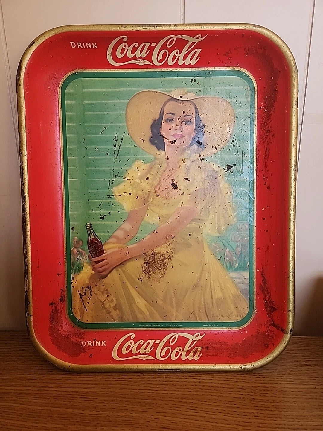 Vintage Original 1938 Coca Cola Soda Pop Advertising Tray Girl In Yellow Dress