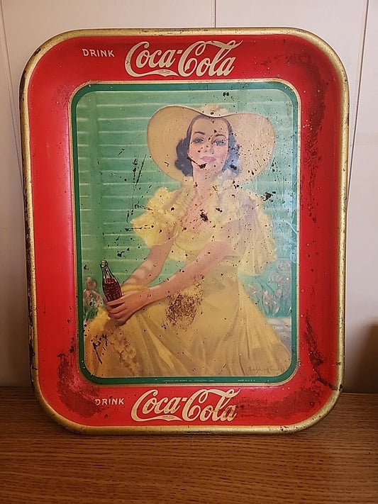 Vintage Original 1938 Coca Cola Soda Pop Advertising Tray Girl In Yellow Dress