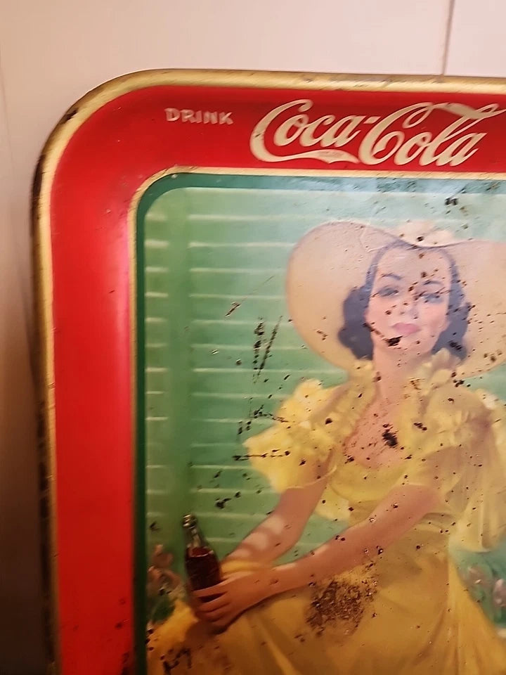 Vintage Original 1938 Coca Cola Soda Pop Advertising Tray Girl In Yellow Dress