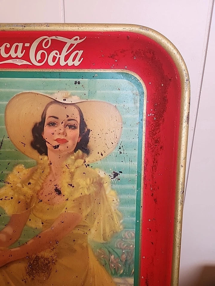 Vintage Original 1938 Coca Cola Soda Pop Advertising Tray Girl In Yellow Dress