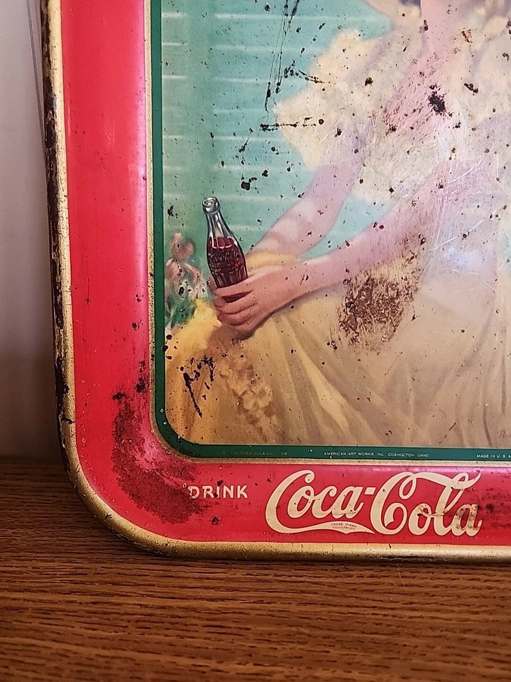 Vintage Original 1938 Coca Cola Soda Pop Advertising Tray Girl In Yellow Dress